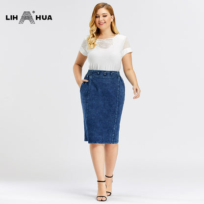 Plus Size Casual Denim Skirt High Flexibility Knitted Denim