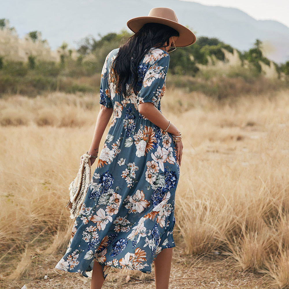 Floral Summer Beach Dress W/ V Neck, Elastic Waist