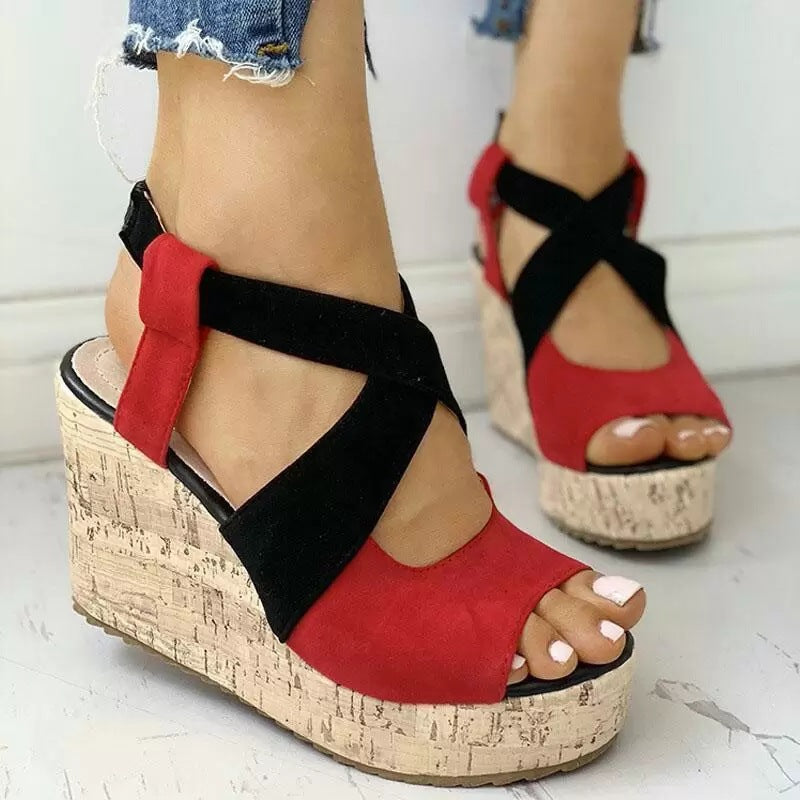 Wedge Heel Platform Cross Strap Sandals