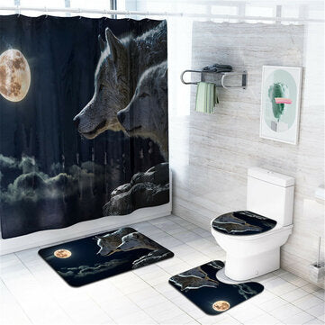 4 Pcs Wolf Bathroom Bath Mat Set Rugs Toilet Lid Cover Shower Curtain Waterproof - The Styky Shack