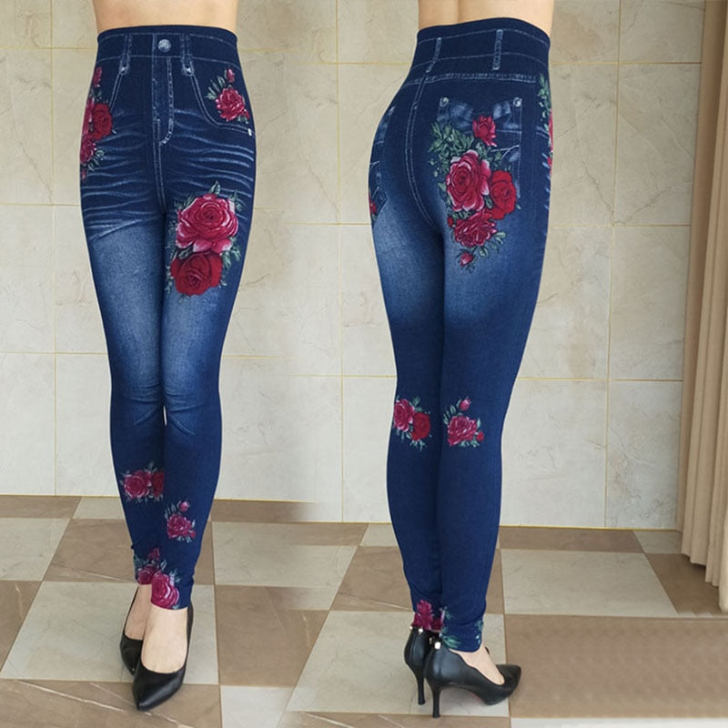 Women's Autumn Winter Jeans Plus Size Printing Imitation Denim Leggings High Waist Wear Stretch Plus Velvet Imitation Jeans Z136