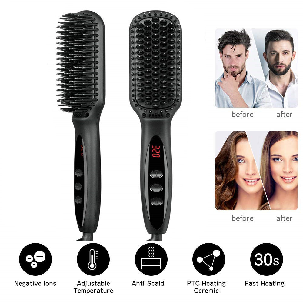 Cepillo alisador de pelo 2 en 1, cepillo calefactor para Barba, peine Styler, cepillo alisador iónico eléctrico