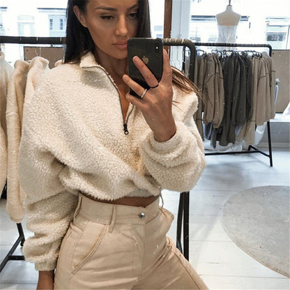 Winter Pullover Sweatshirts Women Zipper Oversized Hoodies Ladies White Turtleneck Faux Lambswool Crop Top Hoodie