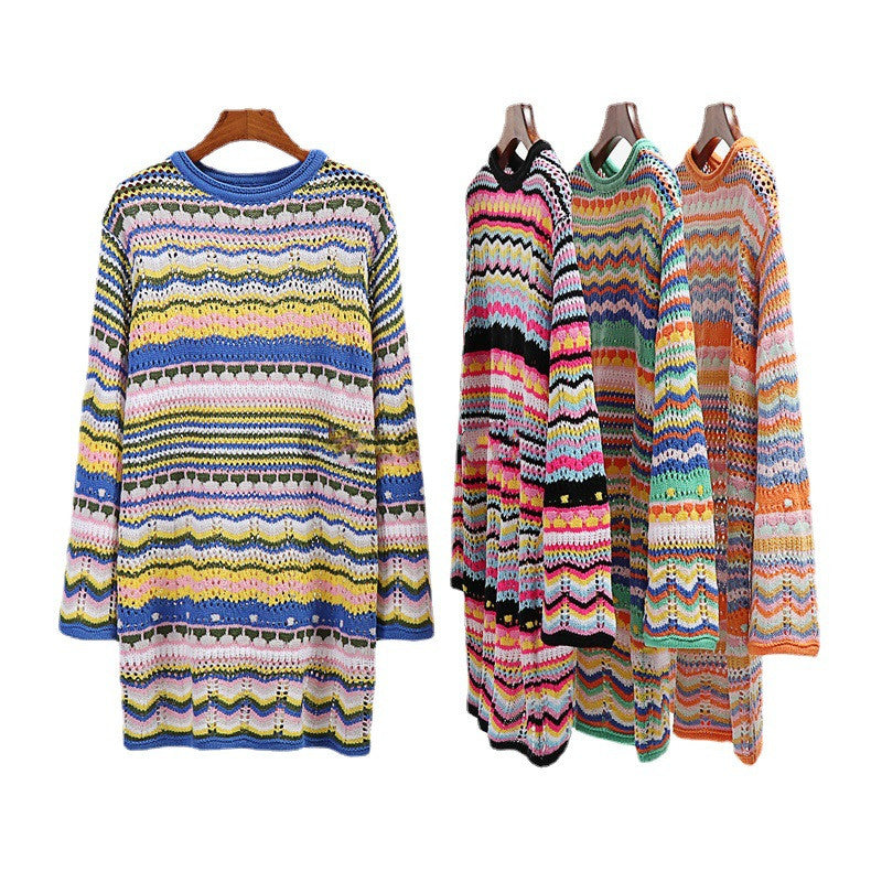 Women's Knitted Sweater Women's Rainbow Stripe Pullover Mid Length