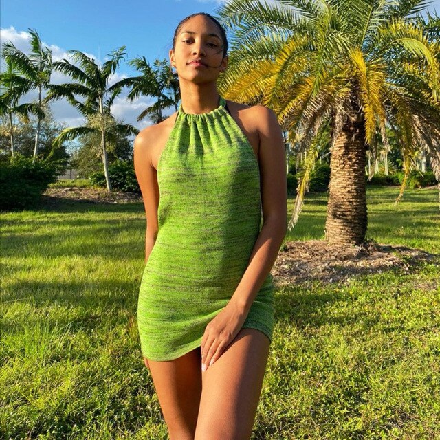 2021 Summer Y2K Knit Bodycon Dress Women Halter Neck Patchwork Backless Beach Sleeveless Green Sexy Party Dresses Streetwear - The Styky Shack