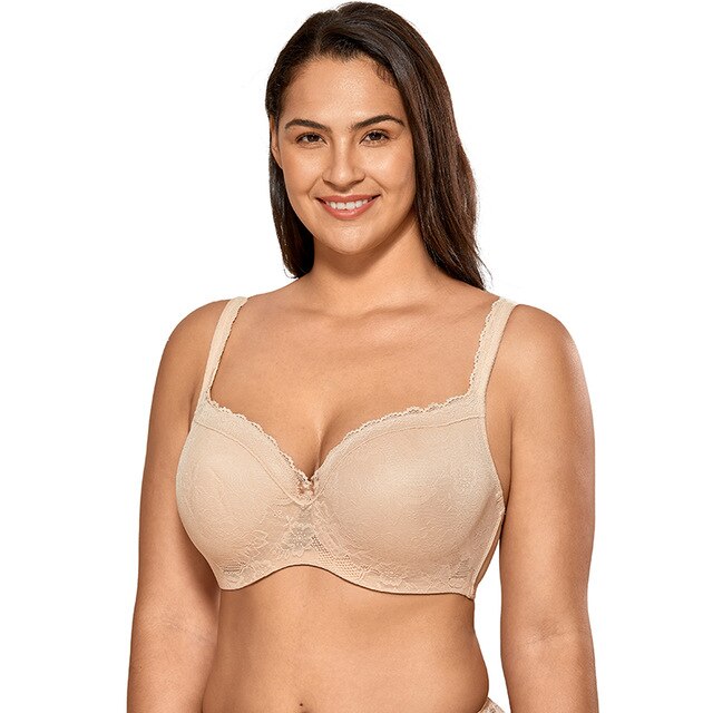 Sujetador balconette de encaje con aros y cobertura completa para mujer, liso, ligeramente acolchado, talla grande 