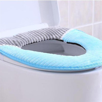 Funda para asiento de inodoro de baño, asiento de inodoro con hebilla adhesiva, rayas de pana gruesas, cojín para lavabo de baño impermeable y cálido para invierno