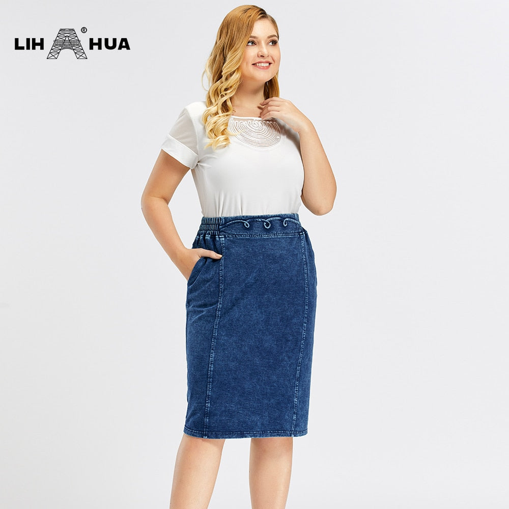 Plus Size Casual Denim Skirt High Flexibility Knitted Denim