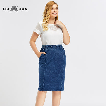 Falda vaquera informal de talla grande Denim tejido de alta flexibilidad 