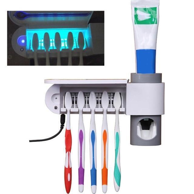 ABEDOE 2 en 1 esterilizador de cepillo de dientes UV, soporte para cepillo de dientes, dispensador automático de exprimidores de pasta de dientes, juego de baño para el hogar