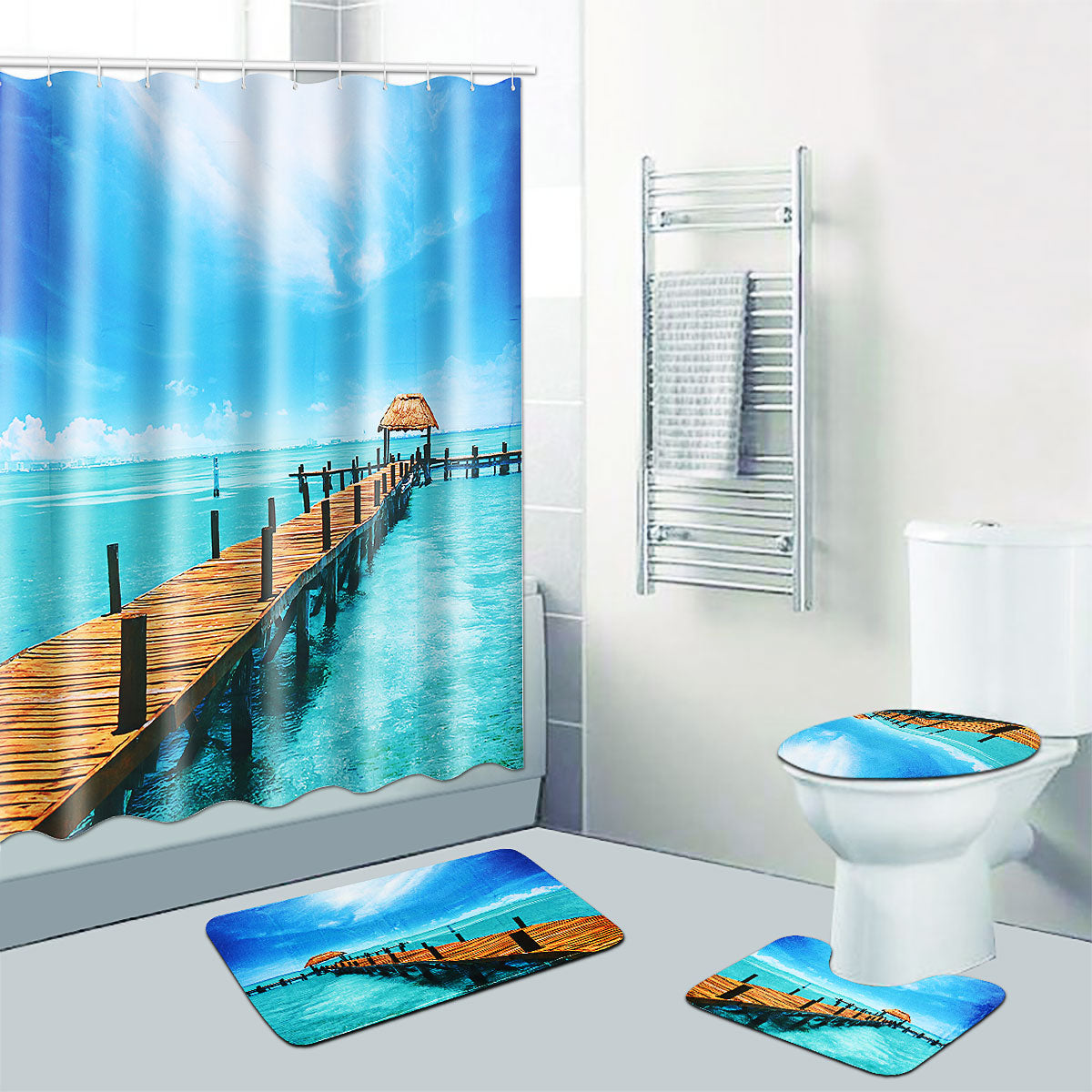 Beach Sea Waterproof Non Slip Bathroom Shower Curtain Toilet Cover Mat Rug Set 5 - The Styky Shack