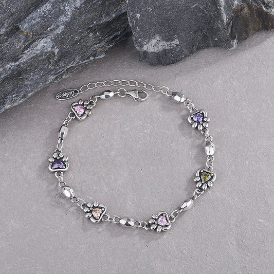 925 Sterling Silver Rainbow Love Zirconium Cat Claw Chain Bracelet