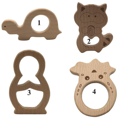 Wooden Teether Rings Natural Wood Teething Toys for Infant,Wooden Teether Animals for Toddler,Baby Soothing Pain Relief Toys