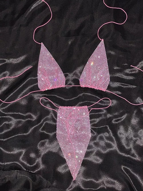 Conjunto de bikini de malla con diamantes de imitación de playa