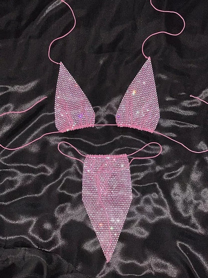 Conjunto de bikini de malla con diamantes de imitación de playa