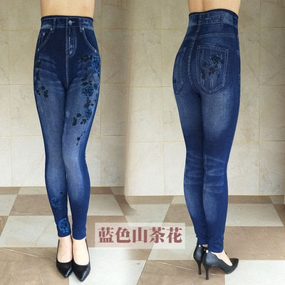 Women's Autumn Winter Jeans Plus Size Printing Imitation Denim Leggings High Waist Wear Stretch Plus Velvet Imitation Jeans Z136