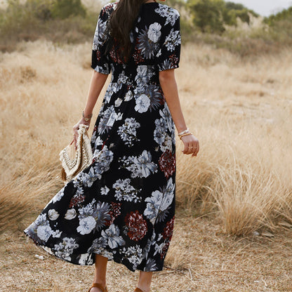 Floral Summer Beach Dress W/ V Neck, Elastic Waist