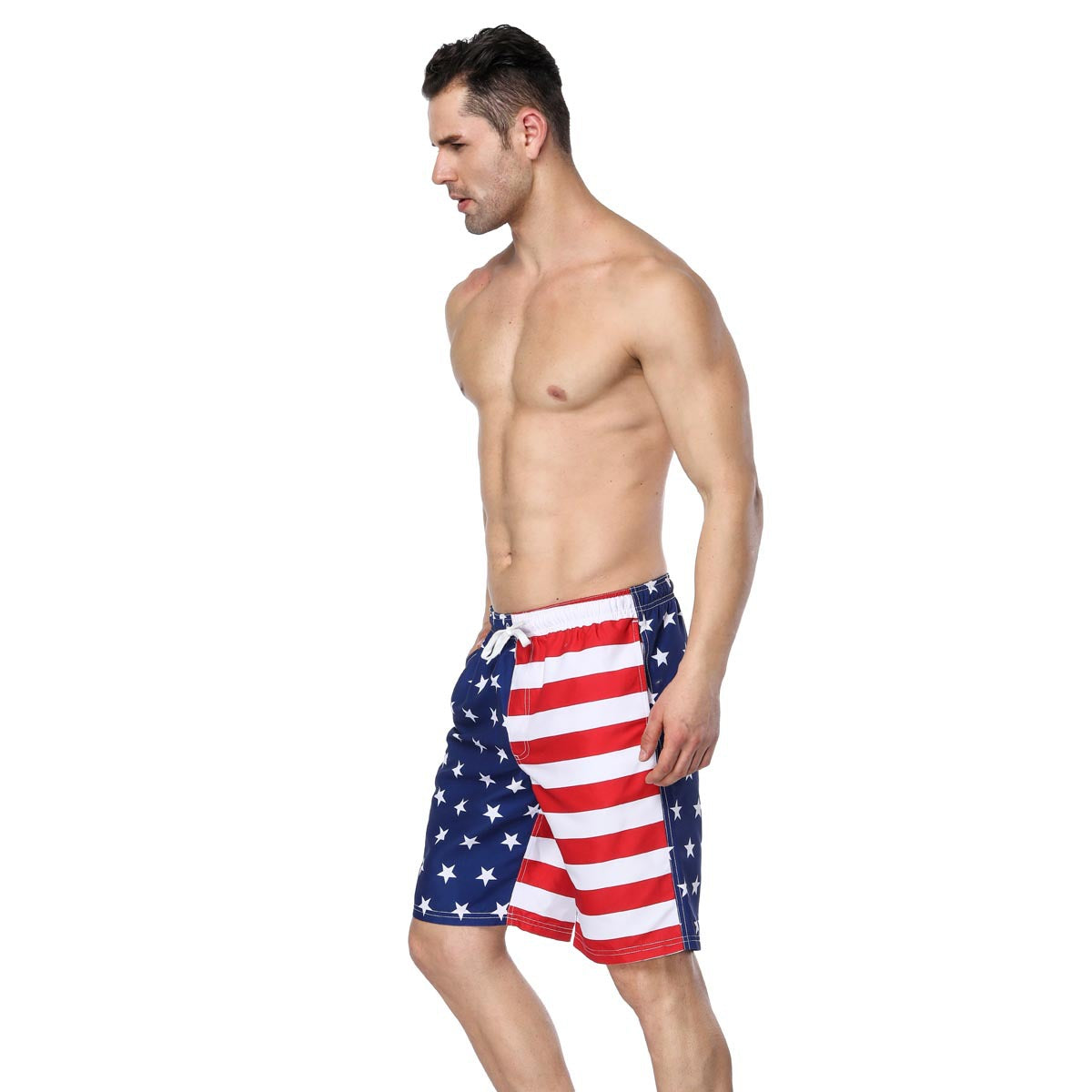 Asymmetric "Patriotic Man" Printed Beach Shorts