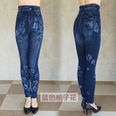 Women's Autumn Winter Jeans Plus Size Printing Imitation Denim Leggings High Waist Wear Stretch Plus Velvet Imitation Jeans Z136