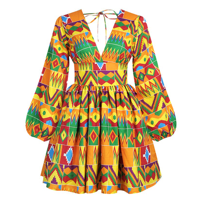 African Style Long-sleeved V-neck Dress t