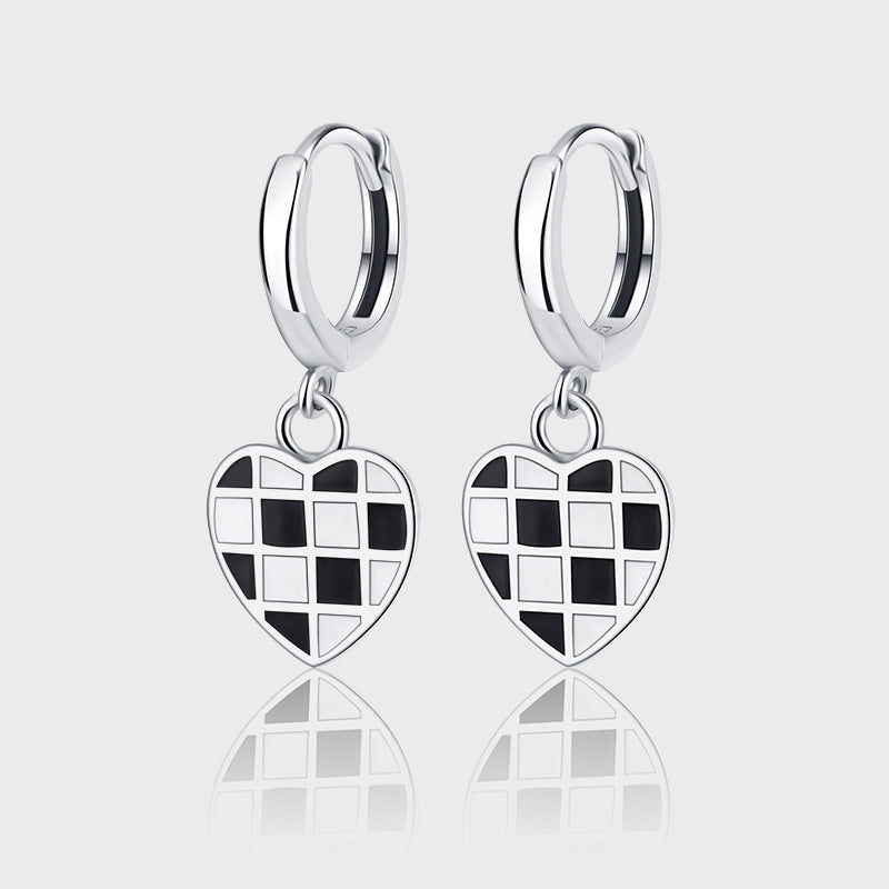 .925 Sterling Silver Heart Chessboard Latch Earrings