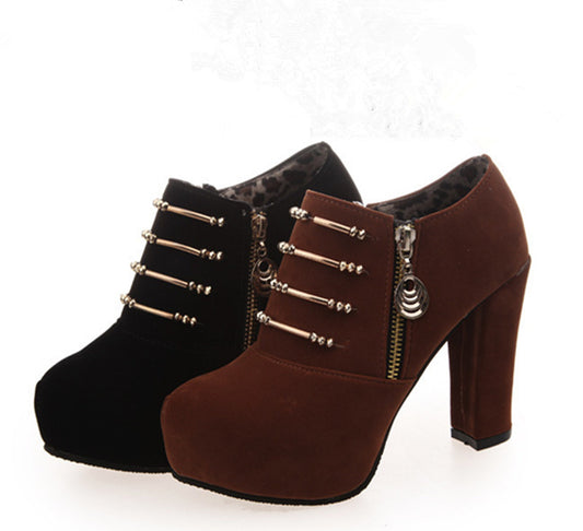 Ankle Boots Thick High Heel Pointed Toe Flock Platform