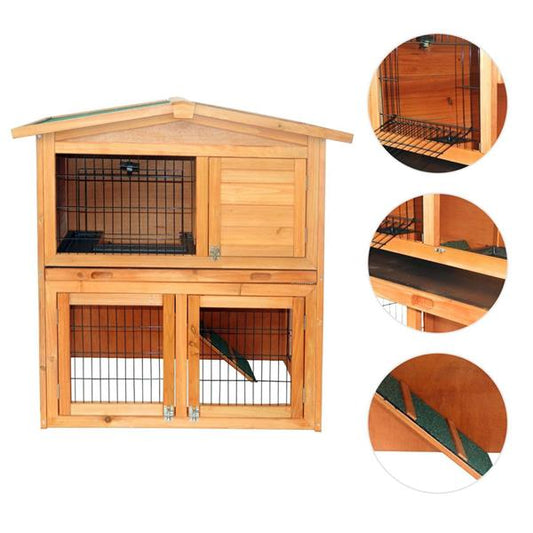 40" Triangle Roof Waterproof Wooden Rabbit Hutch A-Frame Pet Cage Wood Small House Chicken Coop Natu