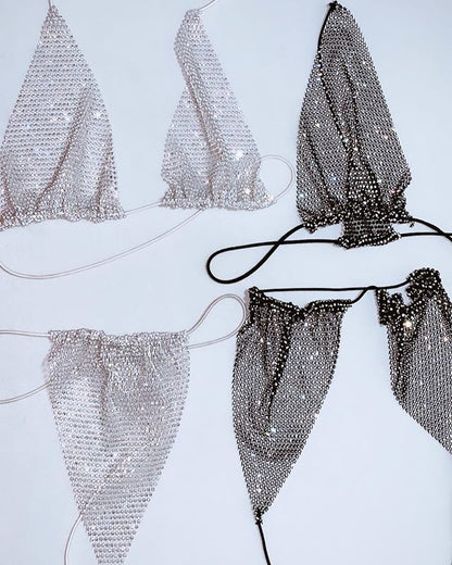 Conjunto de bikini de malla con diamantes de imitación de playa