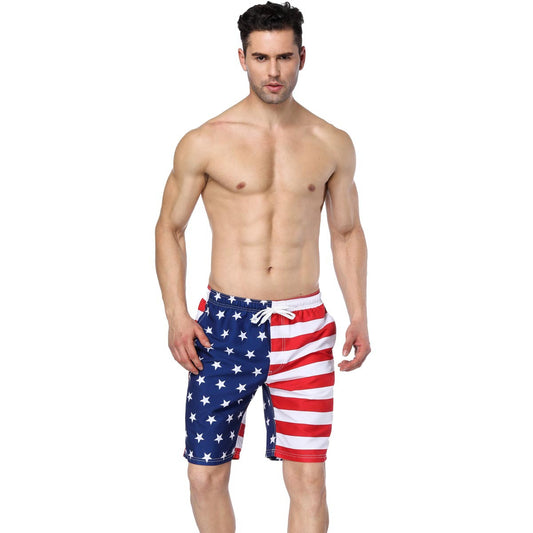 Asymmetric "Patriotic Man" Printed Beach Shorts