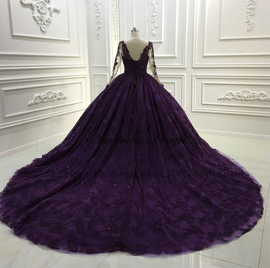 Amazing High-End  Purple Lace Long Train Bridal Dress