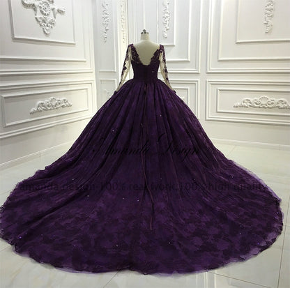 Increíble vestido de novia de cola larga de encaje morado de alta gama