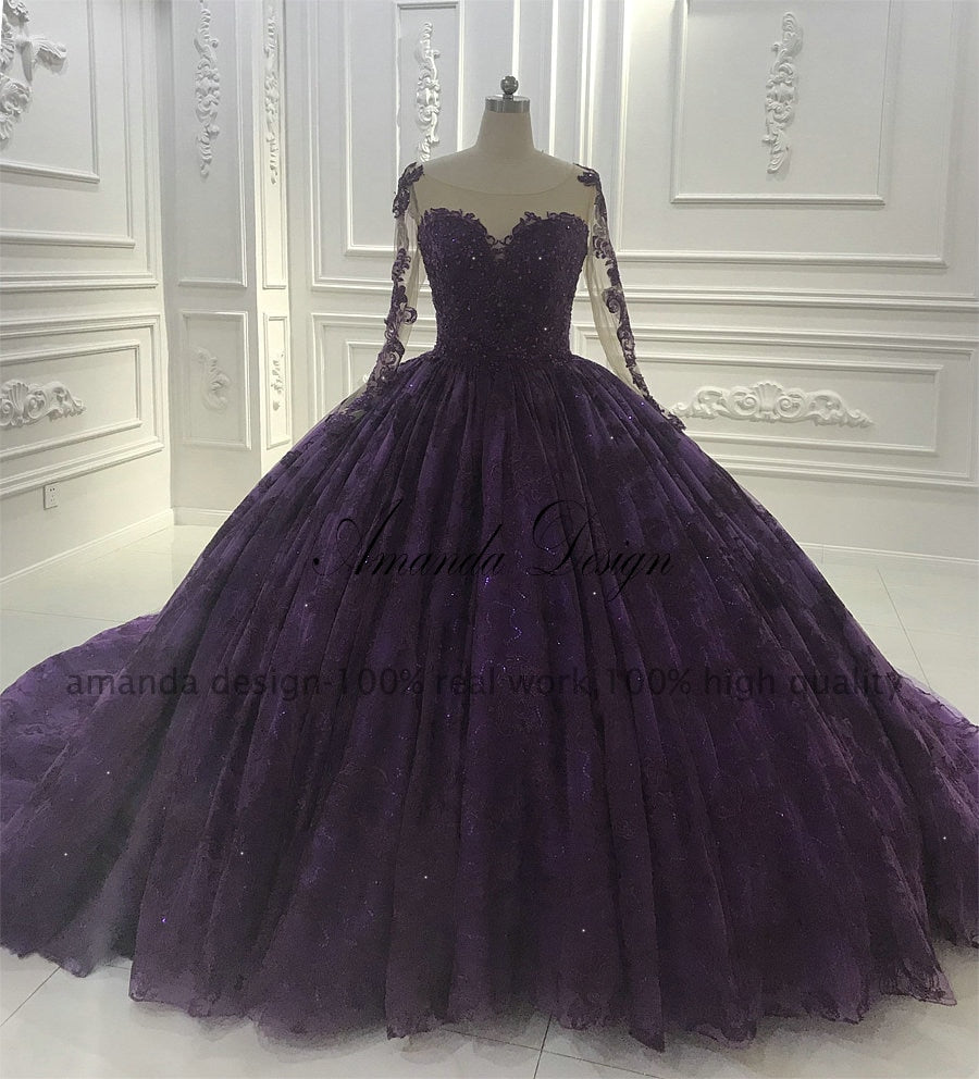 Increíble vestido de novia de cola larga de encaje morado de alta gama