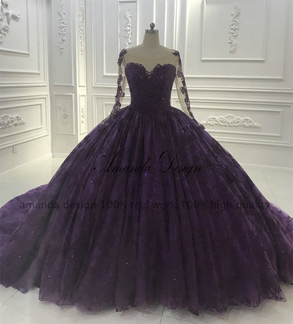 Amazing High-End  Purple Lace Long Train Bridal Dress