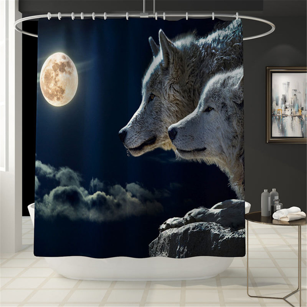 4 Pcs Wolf Bathroom Bath Mat Set Rugs Toilet Lid Cover Shower Curtain Waterproof - The Styky Shack