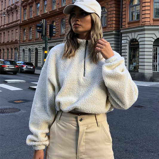 Sudaderas con capucha de invierno para mujer, sudaderas con capucha de gran tamaño con cremallera, Top corto de lana de cordero sintética con cuello alto blanco para mujer