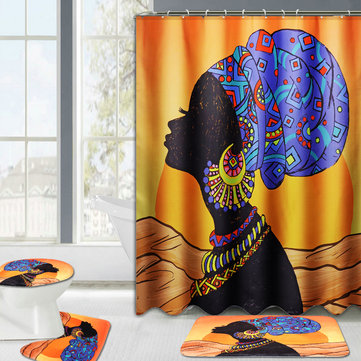 Waterproof African Baotou Woman Shower Curtains with 12 Hooks Bathroom Toilet Rug Mat Set