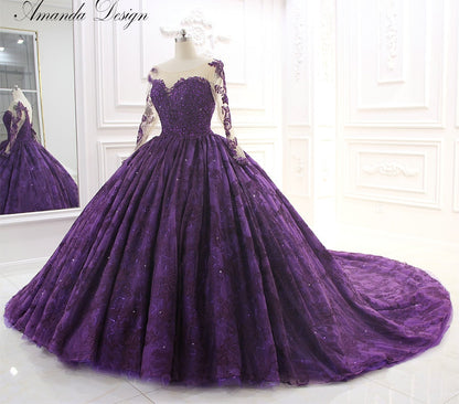 Increíble vestido de novia de cola larga de encaje morado de alta gama