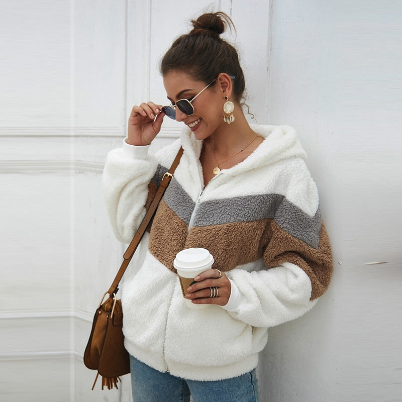 Sudaderas con capucha a rayas informales de invierno para mujer, sudaderas con capucha cálidas de manga larga con cremallera, abrigo nuevo 2020 