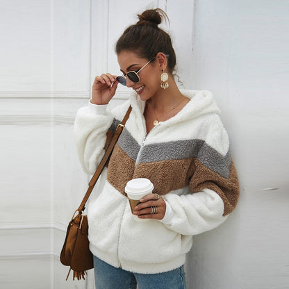 Winter Casual Striped Hoodies Women Hooded Zip Up Full Sleeve Warm Hoodies Coat 2020 New