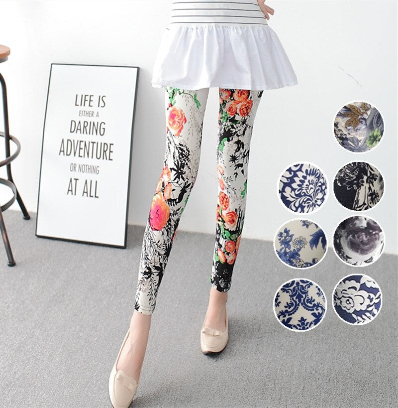 Leggings de mujer, Leggings con estampado de pintura de tinta de viento nacional, Leggings transpirables de cintura alta de verano, pantalones de mujer 