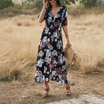 Floral Summer Beach Dress W/ V Neck, Elastic Waist