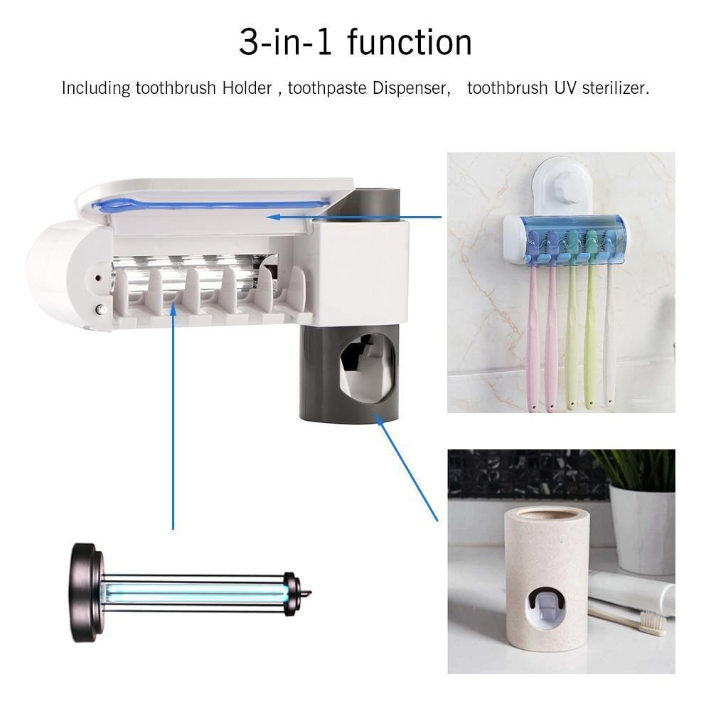 ABEDOE 2 en 1 esterilizador de cepillo de dientes UV, soporte para cepillo de dientes, dispensador automático de exprimidores de pasta de dientes, juego de baño para el hogar