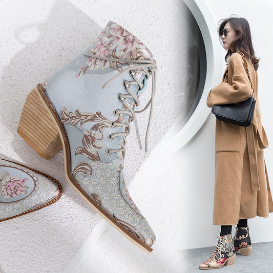 Vintage Hand Embroidered Lace-up Flower High-heeled Ankle Boots