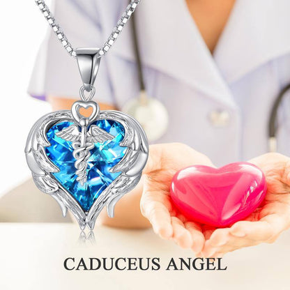 Collar de enfermera de plata de ley 925 con colgante de corazón con ala de ángel caduceo
