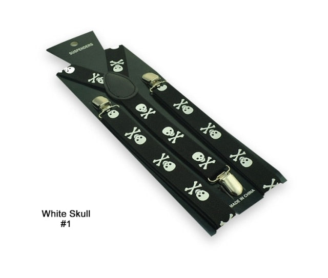 Women Men`S Unisex Shirt Clip-On Braces 1inch Wide 27 Fashion Design White Skull Mix Elastic Slim Suspender Y-Back Suspenders