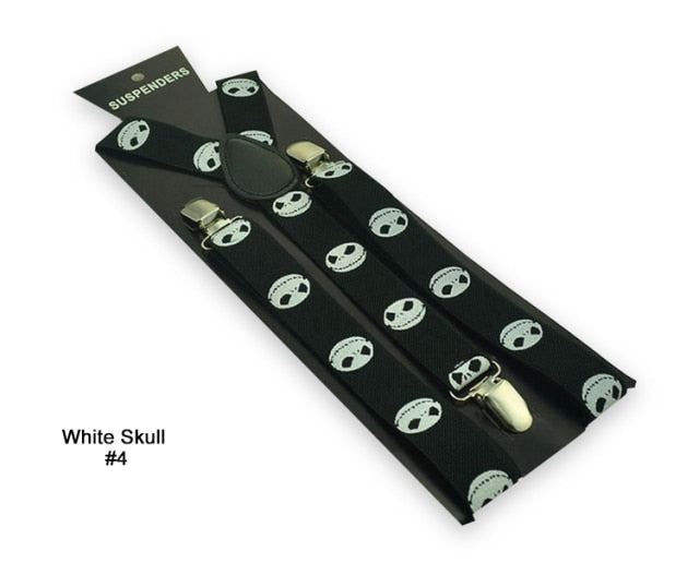 Women Men`S Unisex Shirt Clip-On Braces 1inch Wide 27 Fashion Design White Skull Mix Elastic Slim Suspender Y-Back Suspenders