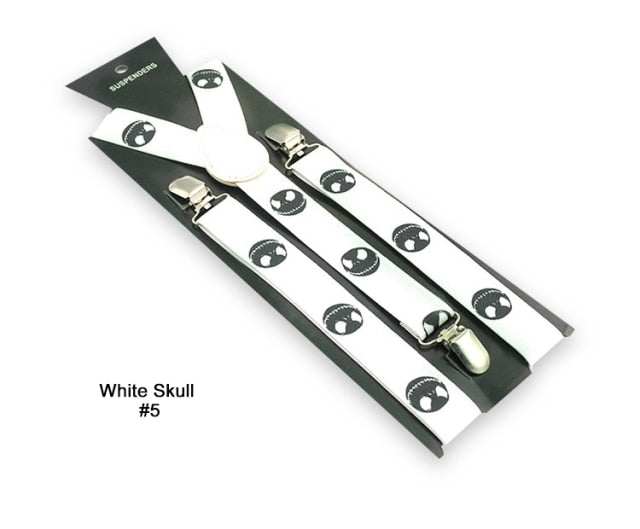 Women Men`S Unisex Shirt Clip-On Braces 1inch Wide 27 Fashion Design White Skull Mix Elastic Slim Suspender Y-Back Suspenders