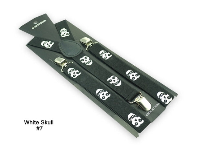 Women Men`S Unisex Shirt Clip-On Braces 1inch Wide 27 Fashion Design White Skull Mix Elastic Slim Suspender Y-Back Suspenders