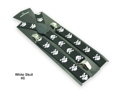 Women Men`S Unisex Shirt Clip-On Braces 1inch Wide 27 Fashion Design White Skull Mix Elastic Slim Suspender Y-Back Suspenders