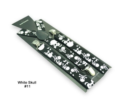 Women Men`S Unisex Shirt Clip-On Braces 1inch Wide 27 Fashion Design White Skull Mix Elastic Slim Suspender Y-Back Suspenders